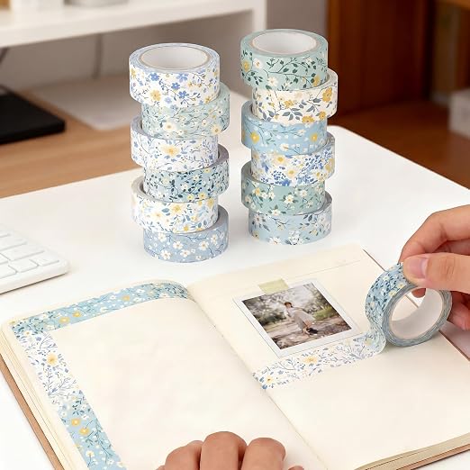 12 Rolls Watercolor Floral Washi Tape Set 15 mm Vintage Flower Decorative Masking Tape for Summer School Arts DIY Craft Scrapbook Journal Supplies Gifts(Blue,Wildflower)