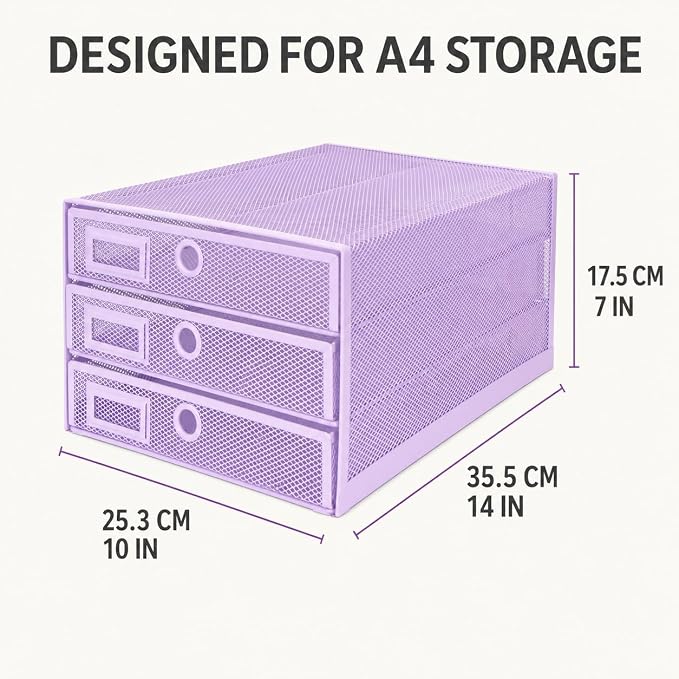 EXERZ Paper Sorter 3 Tier Drawers A4 / Multifunctional Desk Organiser/Letter Tray - Documents, Magazines, Notebooks and Letters - Light Purple | Desk Organiser Pull Out Trays Keep Files Letters Magazines Folders Notebooks Neatly Separated Easy To Reach