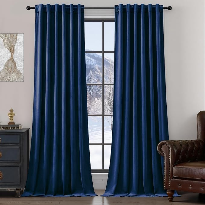 AUSSPVOCT Extra Long Navy Blue Velvet Blackout Curtains 102 Inches, Noise Reducing Room Darkening Super Soft Luxury Thermal Insulated Drapes for Bedroom & Living Room, Back Tab & Rod Pocket, 2 Panels