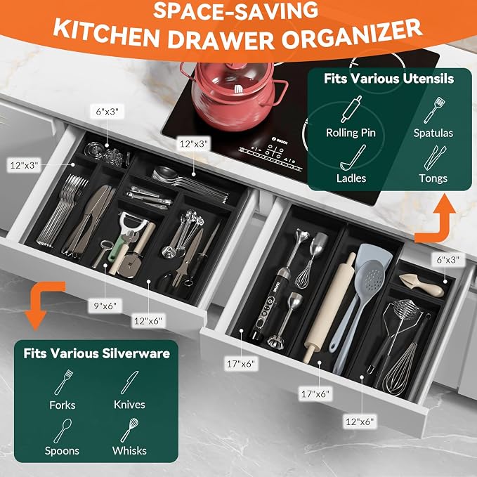 Lixple Bamboo Drawer Organizer, Narrow Silverware Organizer for Kitchen, Stackable Utensil Organizer, 2 Pcs Flatware Organizer, Wooden Storage Box Tray (Black, 12 X 3 X 2 Inch)