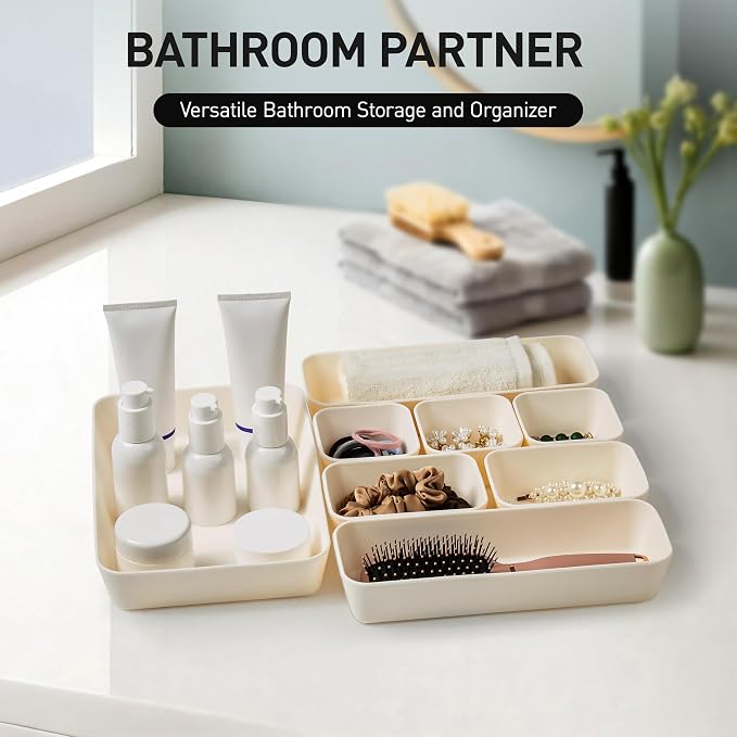 ISSEVE 8Pcs Silicone Drawer Organizer Trays for Bathroom, 4 Sizes, White | Nesting Organizer Trays, For Vanity, Desk, Nightstand, Makeup, Jewelry, Toiletries, and Office Small Items, Drawer Organizer