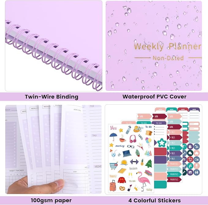 Thboxes Undated Weekly Planner with Habit Tracker, 52 Weeks To Do List Notebook A5 Weekly Goal Planner with Spiral Binding & Stickers Home Work School Supplies for Women Girls 8.2" x 5.7" - Purple