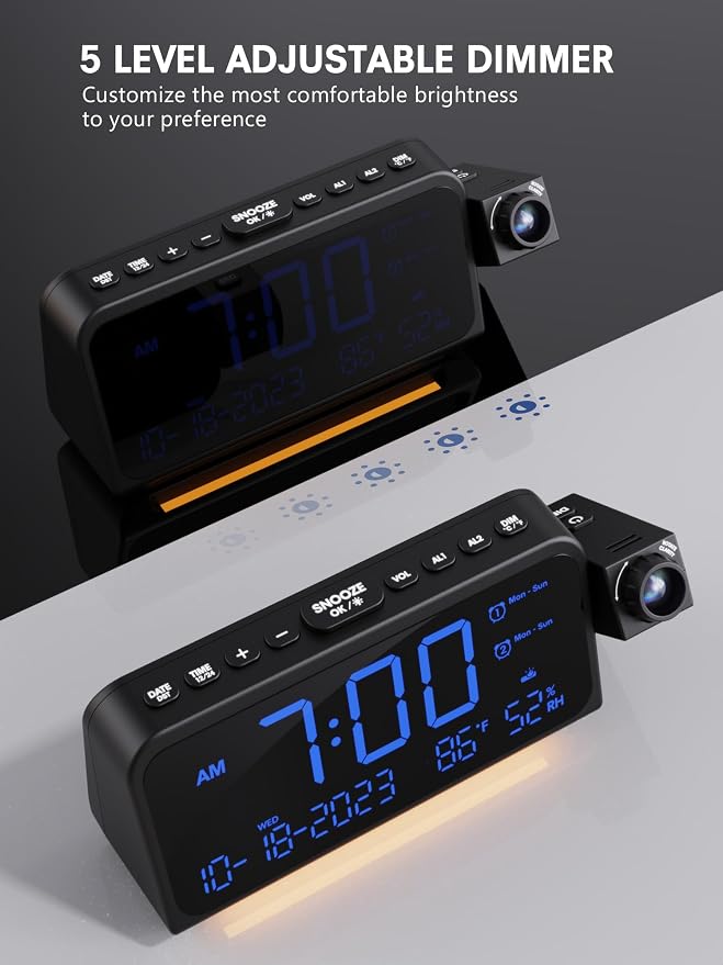 Mesqool Projection Alarm Clock Ceiling Display, with Temperature, Humidity | Dual Alarms, 5-Level Dimmer, Date, Night Light, Weekday/Weekend Mode, 12/24H, DST, , Snooze, 180° Rotatable, for Bedroom