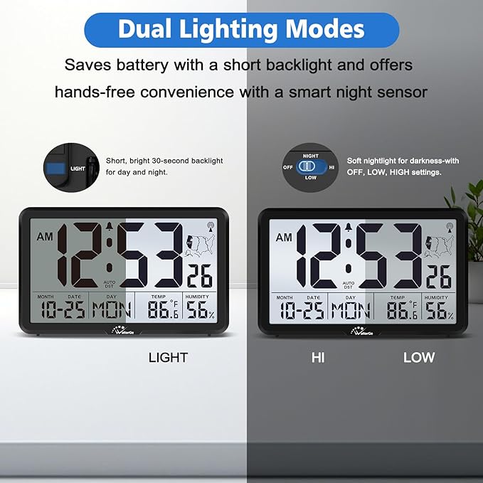 WallarGe Atomic Wall Clock with Backlight, Battery Operated | Large Digital Display, Indoor Temperature, Humidity, Date, AUTO DST, 6 Time Zones