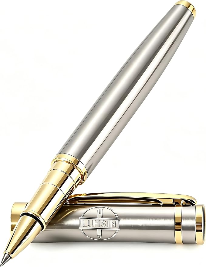 LUHSIN Premium Metal Rollerball Pen with Gold Trim - 0.5mm Smooth Writing Business Signature Pen with Refill, Luxury Executive Writing Instruments in Elegant Gift Box for Men & Women