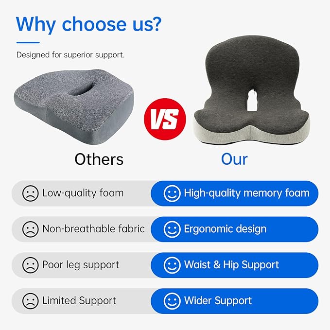 Memory Foam Seat Cushion with Lumbar Back Support, L-Shaped Ergonomic Chair Cushion for Office Chair, Car, Wheelchair, Gaming Seat, Non-Slip Washable Cover, Coccyx Support Pillow