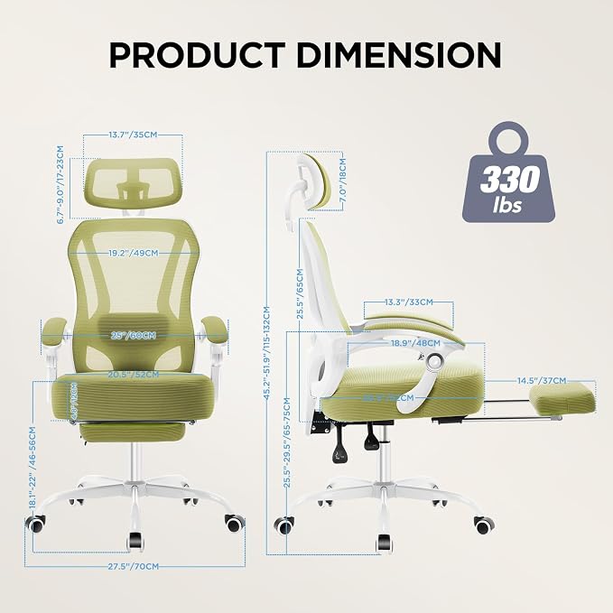Ergonomic Office Chair with Footrest,Ultra Thick Desk Chair,Green | 150°Reclining,Mesh High Back,Adjustable 2D Lumbar Support and Headrest,4.8" Spring Cushion,Premium Computer Chair for Adults