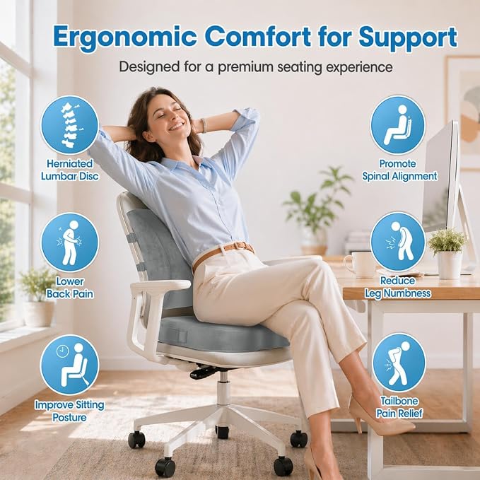 CloudBliss Lumbar Support Pillow & Seat Cushion Set for Office Chair, Desk Chair, Wheelchair & Car – Memory Foam Back Support, Ergonomic Chair Cushions, Sciatica Pain Relief,Home Essentials,Light Grey