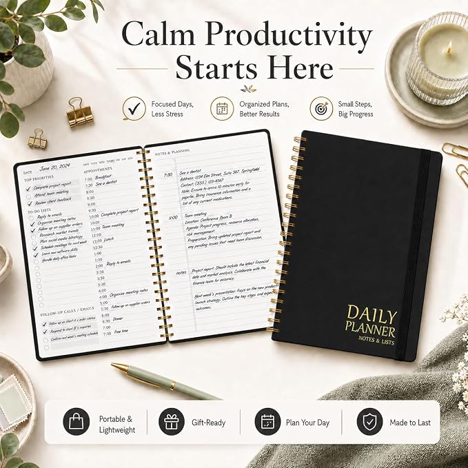 Daily Planner with Hourly Schedules - Undated To Do List Notebook for Work and Study, Spiral Bound, 5.5" x 8.5", Easily Manage Tasks and Appointments - Black