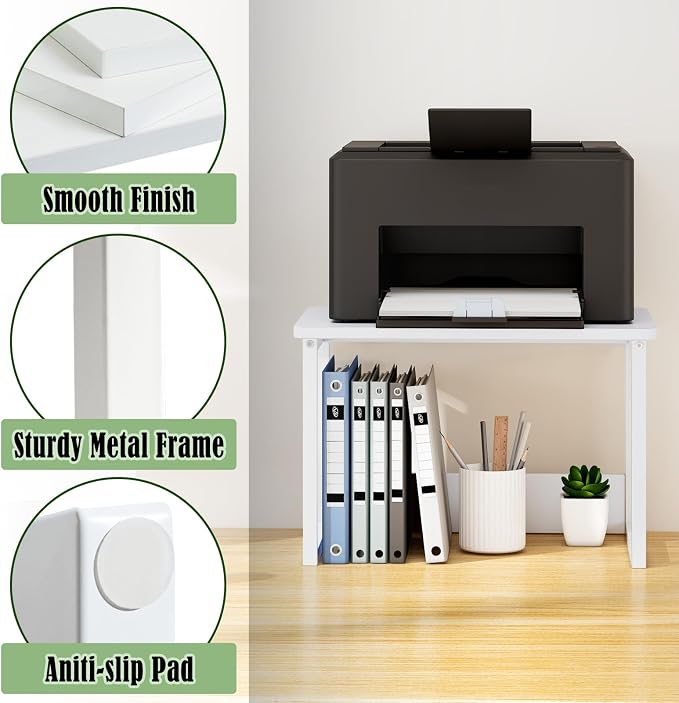 MARTY Printer Stand for Desk, Desktop Shelf Printer Riser for Home Office | Desktop Printer Stand, 17.1"x12.4", Printer Shelf, Small Printer Table for Fax Machine Copier Scanner, Desk Organizer, White