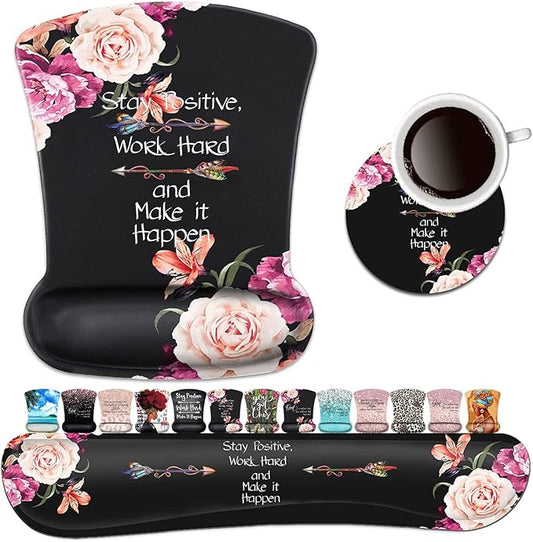 Keyboard Wrist Rest Pad and Ergonomic Mouse Pad Wrist Support Set Peony Flower Stay Positive Work Hard and Make It Happen for Gaming, Office, Comfortable and Pain Relief with Coaster Set