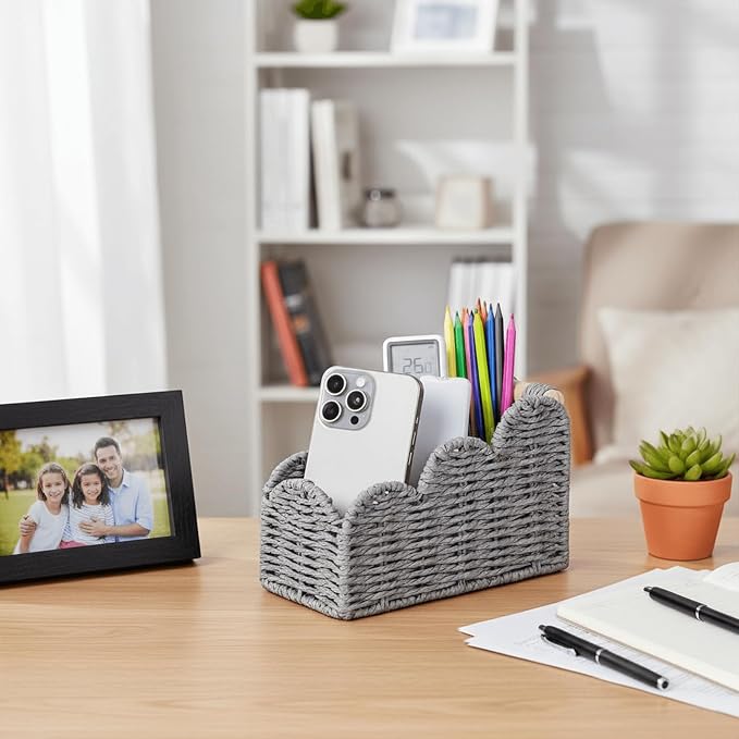 CubesLand Bedside Table Desk Organizer Caddy, Remote Pen&Pencil Holder Cup, Makeup Brush Holder w/Scalloped Perfect for Home, Office Desk, Living Room Table Decor, 3 Slots Grey