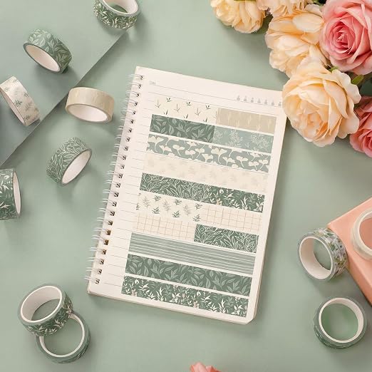 12 Rolls Watercolor Floral Washi Tape Set 15 mm Vintage Flower Decorative Masking Tape for Summer School Arts DIY Craft Scrapbook Journal Supplies Gifts(Sage Green,Leaves)