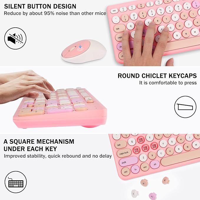 Wireless Keyboard and Mouse Combo, Retro Typewriter Keyboard with Round Keycaps, 2.4GHz USB Cute Wireless Keyboard Mouse for Computer, Desktop, Laptop and Computer (Pink-Colorful)
