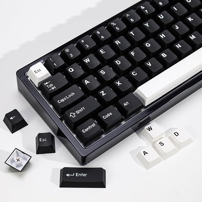 WOB PBT Double Shot Custom Keycap Set,174 Keys Black and White Gaming Key Caps Cherry Profile Keycaps for 61/64/68/84/87/100/104/108 Mechanical Keyboard