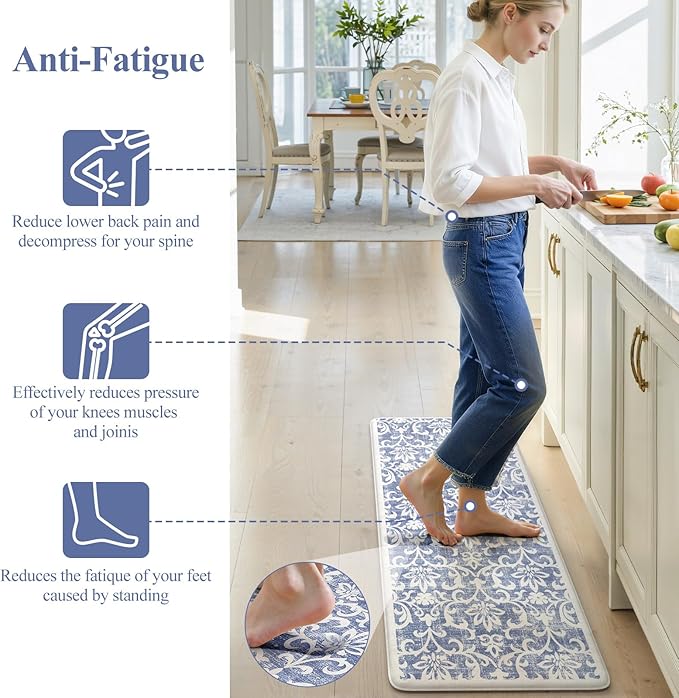 LEEVAN Anti Fatigue Mats for Kitchen Floor Sets of 2, Vintage Distressed Blue Cushioned Kitchen Mat for Laundry,Non Slip Memory Foam Standing Mat for Home, Office, Desk,Sink(17.3"x29"+17.3"x59")