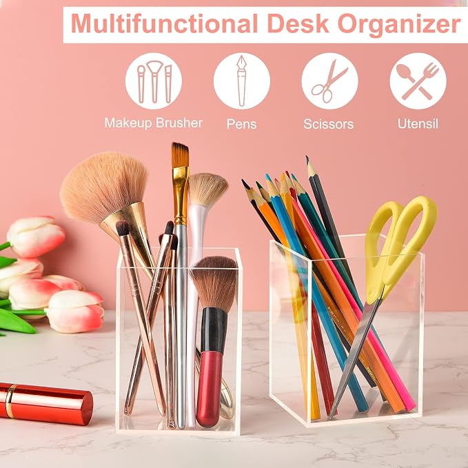 Mototo 4 Pieces Clear Acrylic Pen Holder Acrylic Pencil Cup Makeup Bush Holder Acrylic Desktop Stationery Organizer for Office, School, Home Desk Accessories - 4 Pack, Square