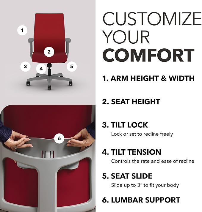 HON Ignition 2.0 Mid‑Back Ergonomic Office Chair, Mesh Task Desk Chair with Lumbar Support, Standard Synchro‑Tilt, Height and Width Adjustable Arms, Titanium Frame, Bullseye