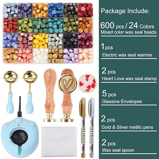 Wax Seal Stamp Kit with 24 Colors Wax Seal Beads 600pcs, WASOHLING 2PCS Love Heart WaxSeal Stamps with Electric Sealing Warmer Set, Envelopes and Metallic Pen for Letter Sealing