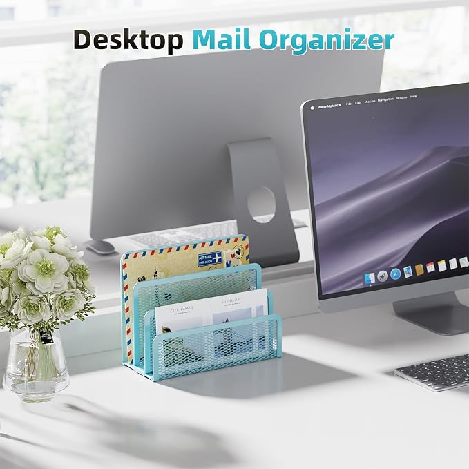Marbrasse Mail Organizer for Desk, 3-Slot Mesh Metal Mail Holder countertop, Letter Holder, Office Desktop Envelope and Document Storage Rack (Blue)