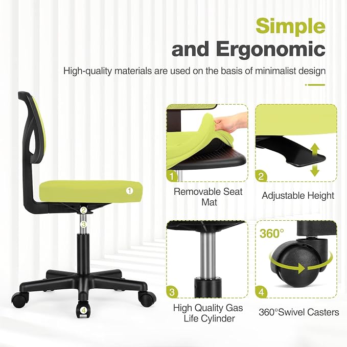 Sweetcrispy Small Office Chair, Ergonomic Low-Back Mesh Rolling Work Swivel Desk Chairs with Wheels, Armless Comfortable Seat Lumbar Support for Home, Bedroom, Study, Student, Adults, Green