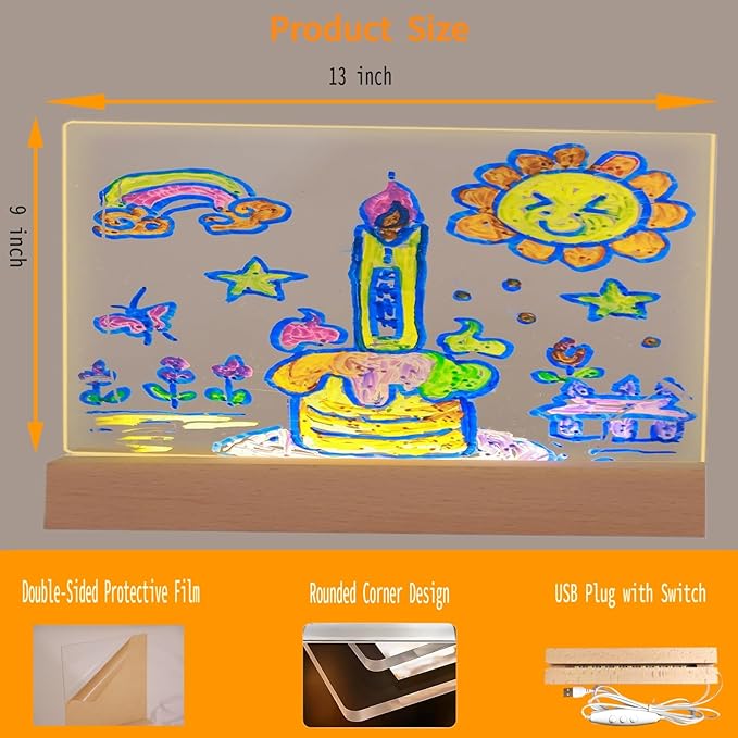 13 x 9 Inch LED Drawing Writing Lumi Board with Colors, Clear Acrylic Light Up Desk Table Dry Erase Message Memo Note Board with Stand (Colorful, Large)