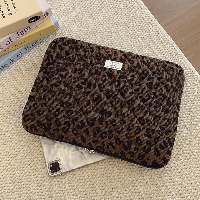 Cute Bow Puffy Laptop Sleeve 13-15 Inch Cute Quilted Laptop Protective Case Padded Bow Computer Sleeve for MacBook (Leopard Coffee, 15inch)