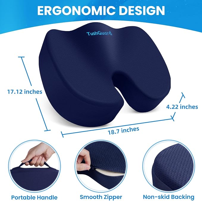 TushGuard Memory Foam Seat Cushion for Office Chair, Car Seat, Blue, XXL | Office Chair Cushion for Car, Airplane - Chair Pad for Long Sitting Sciatica, Hip, Coccyx,Tailbone Pain Relief, Butt Pillow