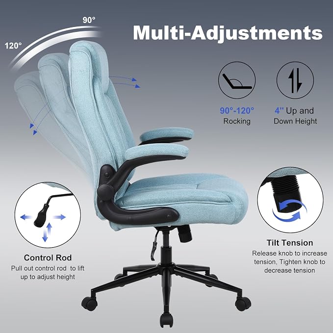 ralex-chair Big and Tall Office Chair -500 lb Office Chair for Big Man, Fabric High Back Office Desk Chair with 120° Tilt Rock,Computer Desk Chair with flip up arm - Light Blue