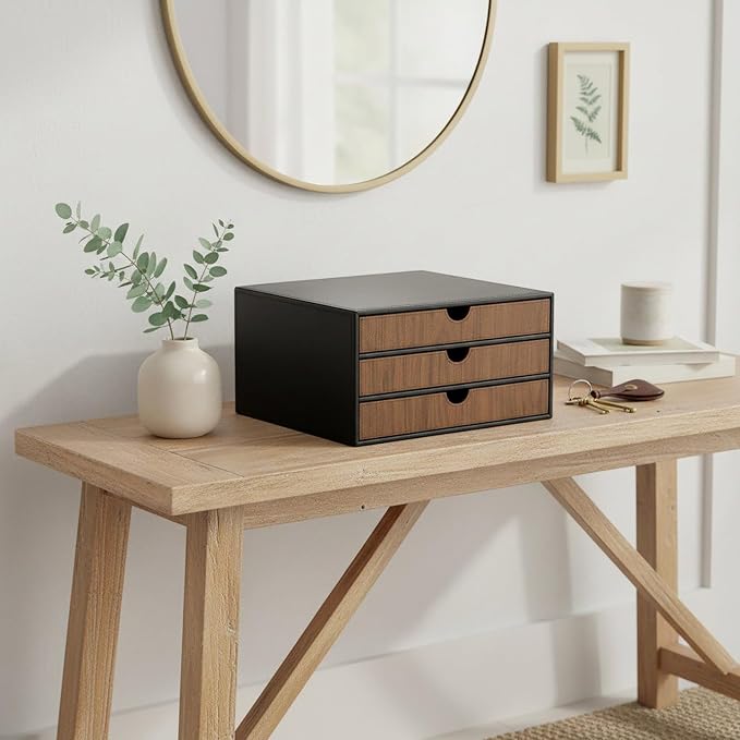 UnionBasic Document Organizer, 3-Drawer File Cabinet Document Storage Box, Office Desktop Filing Organizer, Black with Wood Grain Drawers