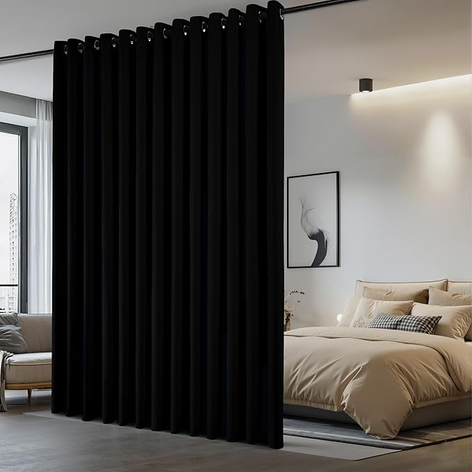 NICETOWN Closet Door Curtain, Room Dividers Panel Screens Partitions, Wide Width Grommet Top Modern Privacy Heavy Room Divider, Commercial Room Dividers (1 PCs, 8ft Tall x 15ft Wide, Black)