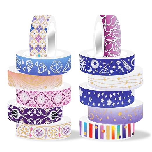 12 Rolls Galaxy Washi Tape Set Purple Stars Decorative Tapes Silver Gold Foil Masking Tape for Scrapbook Bullet Journal Planner DIY Art Craft Party Decor Gifts Wrapping