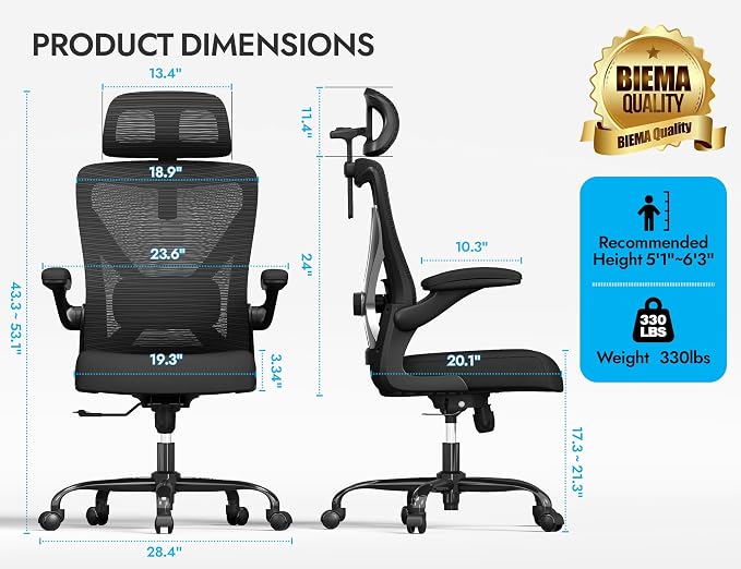 Ergonomic Office Chair: Mesh Desk Chair Comfy with Headrest& Lumbar Support | Ergalithic Big and Tall Office Chairs with Wheels & Flip-Up Arms-Computer Gaming Chairs for Adults (Black-Pack of 4)