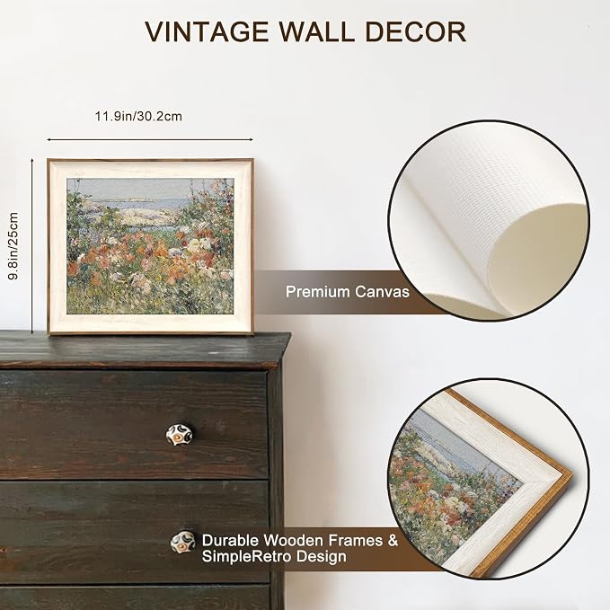 Framed Canvas Wall Art for Bedroom Decor, Vintage Wall Art Wildflowers Seascape Landscape Oil Painting Bathroom Wall Decor, French Country Vintage Art Prints for Wall Decor, Vintage Home Decor for Living Room Bedroom Kitchen - 10x12 inches