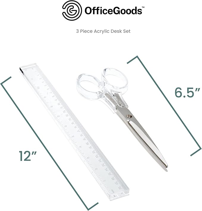 3-Piece Acrylic Desk Set, Clear with Silver Metal | Ruler, scissors, and staple remover set, Functional and elegant desk accessories, Stationery tools for office, and school