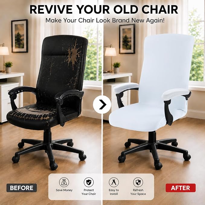Stretch Computer Office Chair Cover with Armrest Covers Durable Zipper Universal Washable Removable Spandex Rotating Boss Chair Slipcovers Anti-dust Soft Desk Chair Seat Protector, White