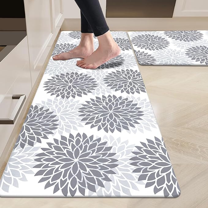 HEBE Anti Fatigue Kitchen Rugs Set of 2, Cushioned Kitchen Mats for Floor | Non Slip Washable Kitchen Runner Rug Set, Floral Stain Resistant Waterproof Comfort Mat Carpet for Sink, Standing Desk