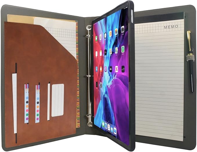 Tablet Organizer Portfolio Case with 3-Ring Binder, Binder Padfolio File Folder with Removable Tablet Holder, Compatible with 12.9-inch iPad Pro 4th/5th/6th (Brown)