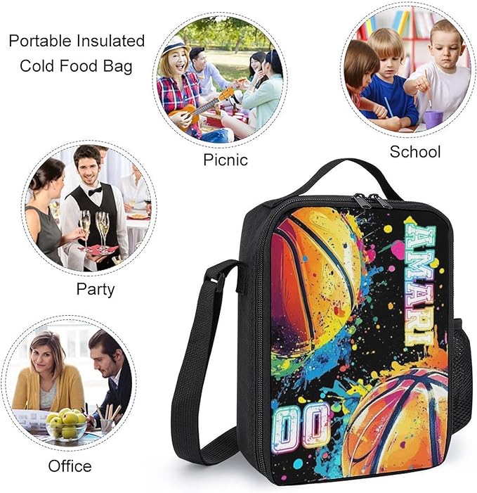 Personalized Colorful Basketball Backpack with Name Back to School Supplies Bookbag for Kids Boys Custom Balls Player Schoolbag and Water Bottle Cup&Pencil Pouch School Backpacks with Lunch Box Set