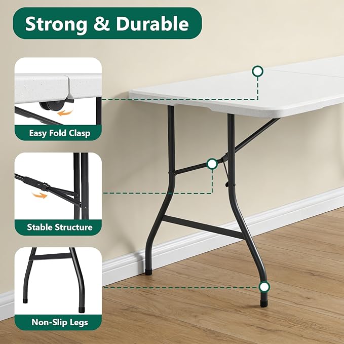2 Pack 5ft Folding Table, Foldable Picnic Table with Carrying Handle, Heavy Duty Fold-in-Half Portable Table for Weddings, Camping, RV Travel, Parties, and Indoor Use, Easy to Fold and Store, White