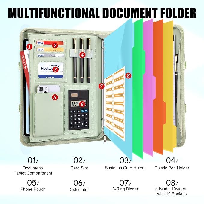 Portfolio Binder - 3 Ring Binder with Magnetic Handle, Vegan Leather Business Padfolio Folder with Notepad, Includes 5 Dividers with 10 Pockets for Documents Files