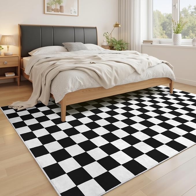 Terrug Black and White Checkered Rug for Living Room,8x10 Area Rugs Washable with Non Slip for Bedroom,Soft Low Pile Stain Resistance Retro Carpet for Dorm Kids Room