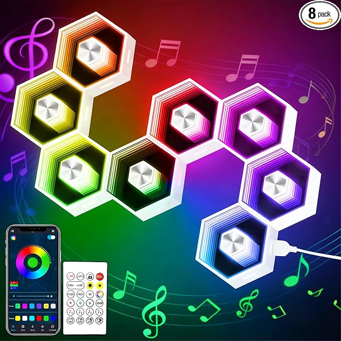 Hexagon LED Lights - 8 Pack Smart APP RGB Gaming LED Light with Remote Control & Music Sync Honeycomb Shape Hexagon Wall Lights for Bedroom, Living Room Wall, Gaming Decor