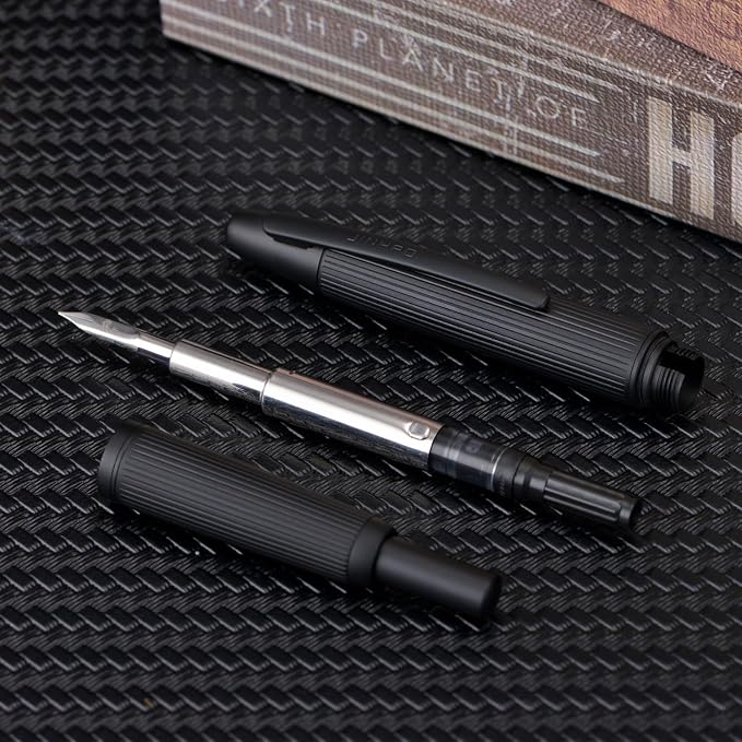 Jinhao 10 Press Fountain Pen with Box, Matt Black Chromium Retractable Fine Nib with Converter Set (Clip Version)