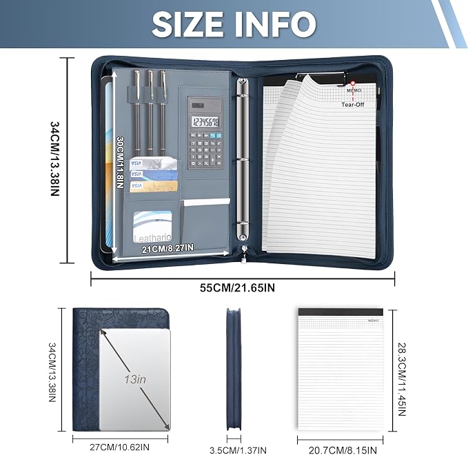 Leathario Portfolio Binder, Includes 5 Sheet Protectors and a Pen, 13 Inch Tablets Organizer, Vegan Leather A4 Padfolio, Multi-Pocket Notepad Business Planner Professional Document