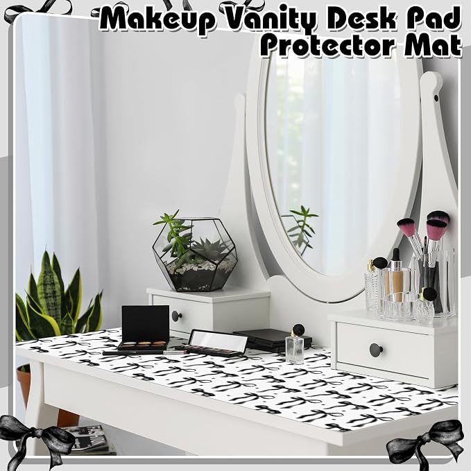 Teenyyou Coquette Bow Makeup Mat for Vanity Top Protector Back to School Gift 31.5" X15.7" Dual Side Leather Desk Mouse Pad Girly Waterproof Nonstick Dressing Vanity Cover for Women Home Office