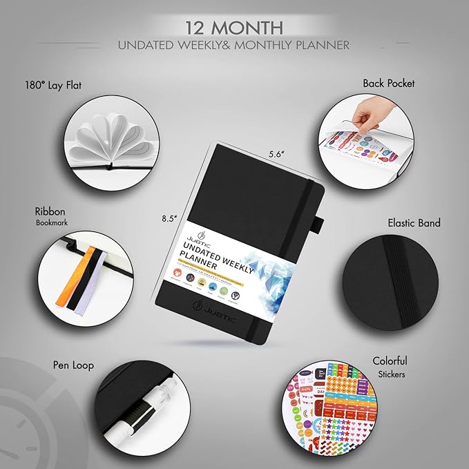 JUBTIC Undated Planner Weekly and Monthly Productivity Daily Planners Agenda Calendar to Do List Notebook A5 Organization Journal with Stickers Appointment Book for Time Management 2026 (Black)