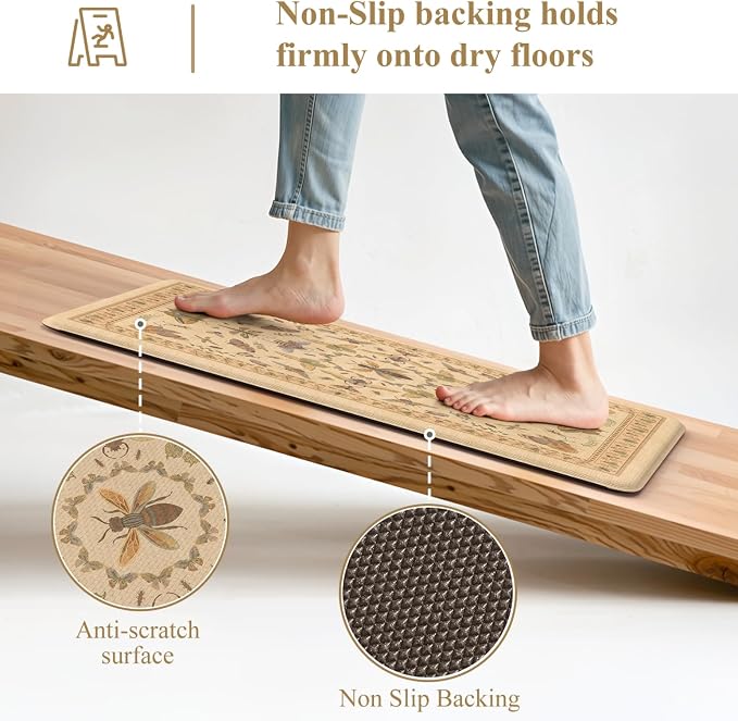 KIMODE Kitchen Mats for Floor 2 Piece Anti Fatigue Cushioned Kitchen Rugs | 17 x29+17"x47", Beige,Vintage Butterfly,Non Slip Waterproof,Memory Foam,Standing Mats,for Laundry Sink Office Home Decor