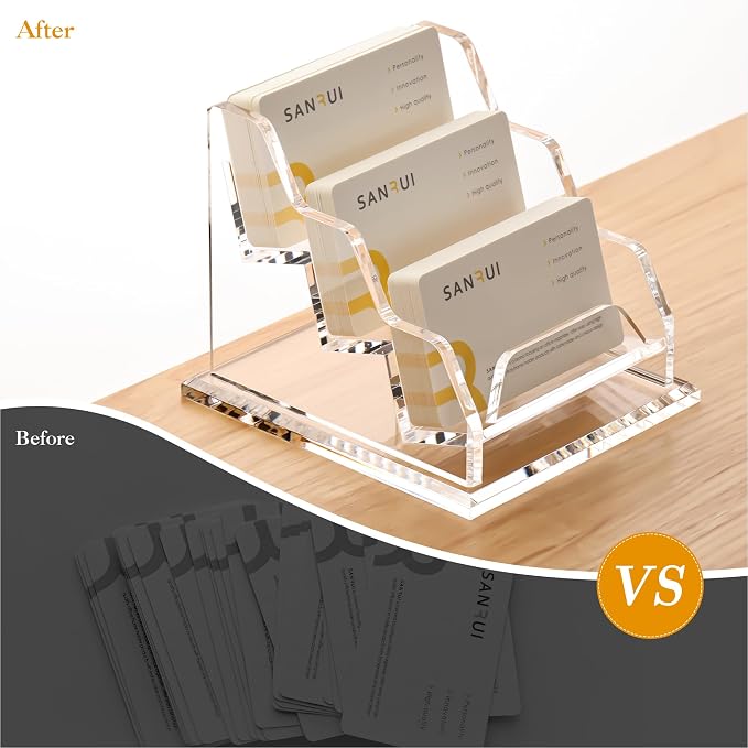 YUXUN Business Card Holder for Desk, Acrylic Business Card Display Stand with 3 Slot 3 Tier, Office Desk Accessories for Man &Woman,150 Cards Capcity, Clear