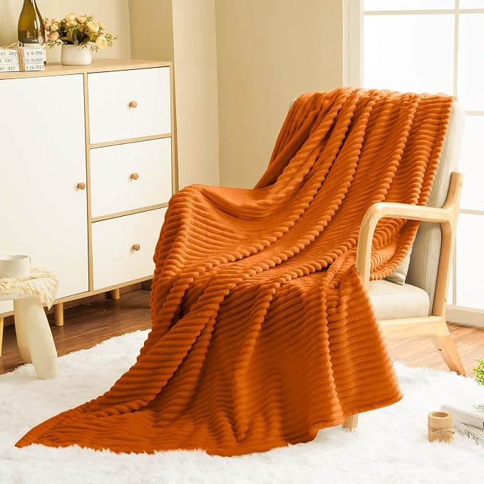 Vessia Flannel Fleece Twin Size Blanket for Bed,Couch,Sofa(60x80inch), 300GSM Microfiber Burnt Orange Striped Bed Blanket for Adults, Super Soft Warm Cozy Lightweight Ribbed Decor for All-Season